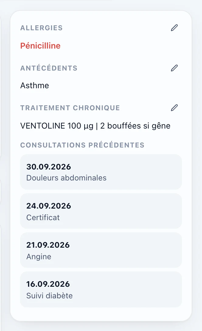 Allergies, antécédents et traitement chronique à côté de la consultation