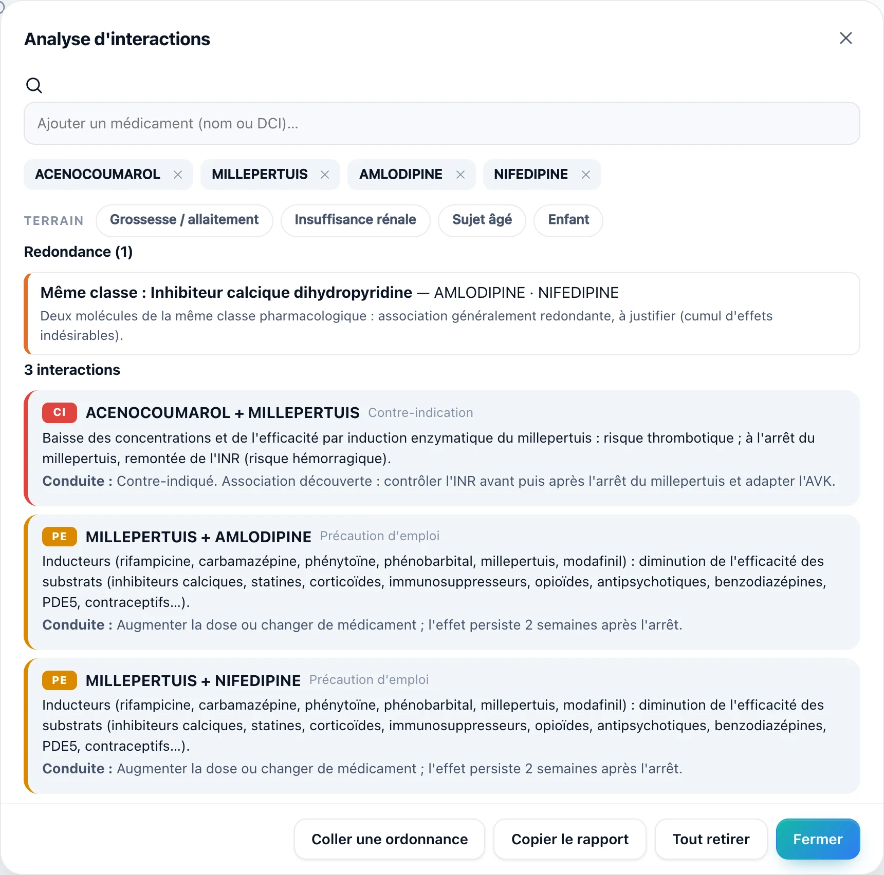 Analyse d'interactions : contre-indication, précautions, redondance